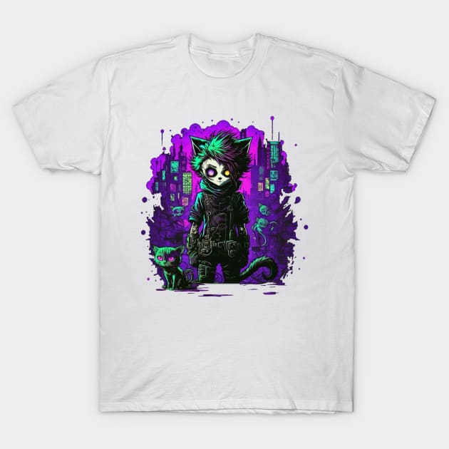 Zombie Cat Zombiecat in Cyberpunk City T-Shirt by Shaani